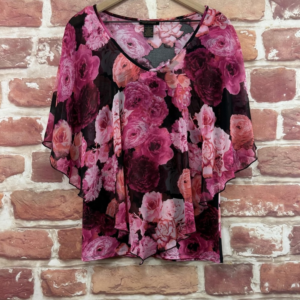 Susan Lawrence Kimono Poncho Top Womens L Multicolor Garden Floral Armless Shirt